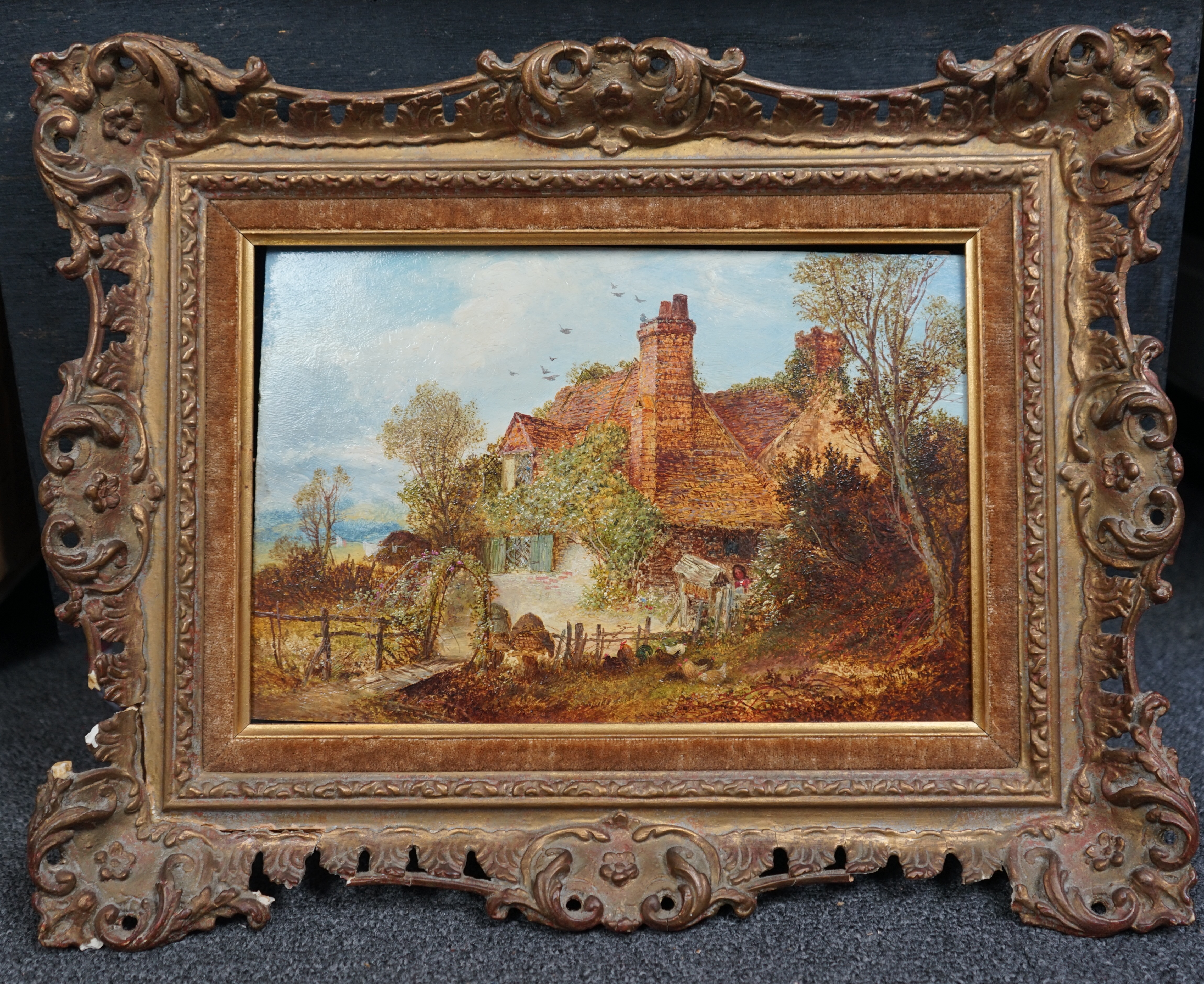 Thomas Whittle Junior (British 1865-1892), oil on millboard, Figure beside a rustic cottage, signed and dated 1876, 20 x 30cm. Condition - good, some damage to frame